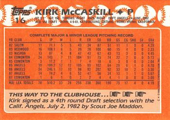 1988 Topps - Collector's Edition (Tiffany) #16 Kirk McCaskill Back