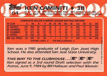 1988 Topps - Collector's Edition (Tiffany) #64 Ken Caminiti Back