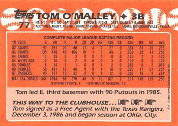 1988 Topps - Collector's Edition (Tiffany) #77 Tom O'Malley Back