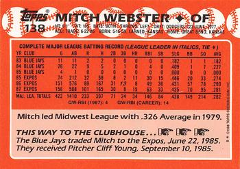 1988 Topps - Collector's Edition (Tiffany) #138 Mitch Webster Back