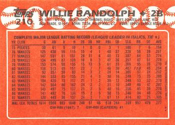 1988 Topps - Collector's Edition (Tiffany) #210 Willie Randolph Back