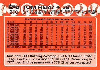 1988 Topps - Collector's Edition (Tiffany) #310 Tom Herr Back