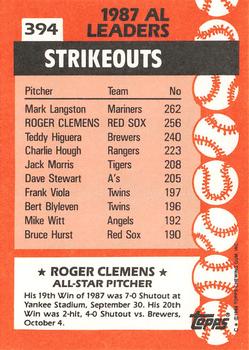 1988 Topps - Collector's Edition (Tiffany) #394 Roger Clemens Back