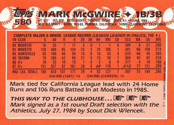 1988 Topps - Collector's Edition (Tiffany) #580 Mark McGwire Back