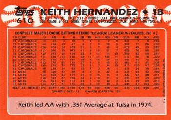 1988 Topps - Collector's Edition (Tiffany) #610 Keith Hernandez Back