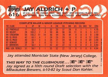 1988 Topps - Collector's Edition (Tiffany) #616 Jay Aldrich Back