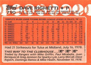 1988 Topps - Collector's Edition (Tiffany) #790 Dave Righetti Back