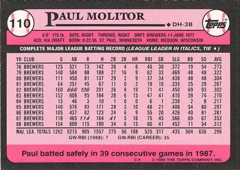 1989 Topps - Collector's Edition (Tiffany) #110 Paul Molitor Back