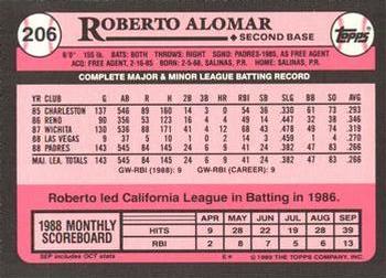 1989 Topps - Collector's Edition (Tiffany) #206 Roberto Alomar Back