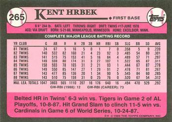 1989 Topps - Collector's Edition (Tiffany) #265 Kent Hrbek Back