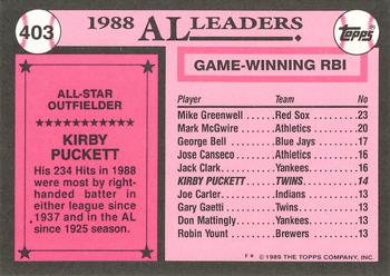 1989 Topps - Collector's Edition (Tiffany) #403 Kirby Puckett Back