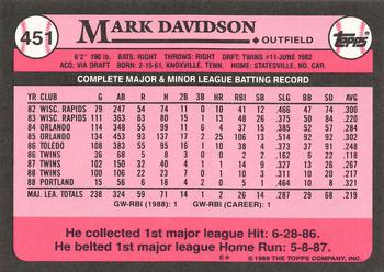 1989 Topps - Collector's Edition (Tiffany) #451 Mark Davidson Back