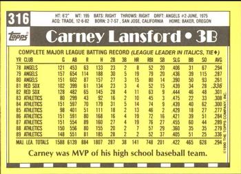 1990 Topps - Collector's Edition (Tiffany) #316 Carney Lansford Back