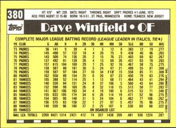 1990 Topps - Collector's Edition (Tiffany) #380 Dave Winfield Back