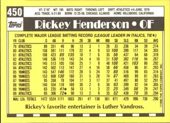 1990 Topps - Collector's Edition (Tiffany) #450 Rickey Henderson Back