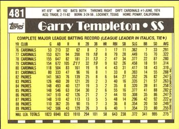 1990 Topps - Collector's Edition (Tiffany) #481 Garry Templeton Back