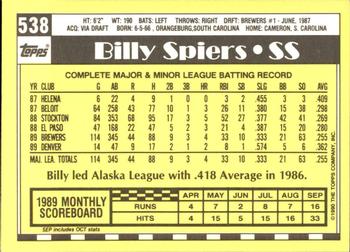1990 Topps - Collector's Edition (Tiffany) #538 Billy Spiers Back