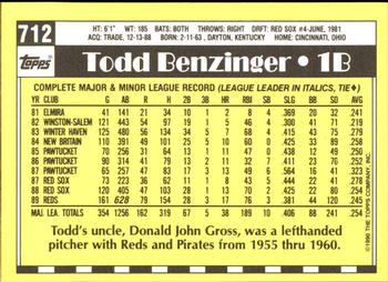 1990 Topps - Collector's Edition (Tiffany) #712 Todd Benzinger Back