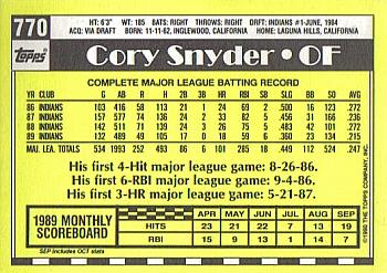 1990 Topps - Collector's Edition (Tiffany) #770 Cory Snyder Back