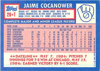 1984 Topps Traded - Limited Edition (Tiffany) #26T Jaime Cocanower Back