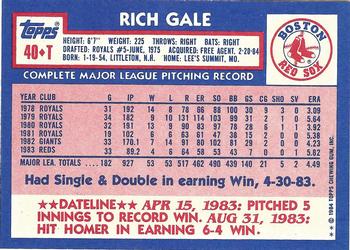 1984 Topps Traded - Limited Edition (Tiffany) #40T Rich Gale Back