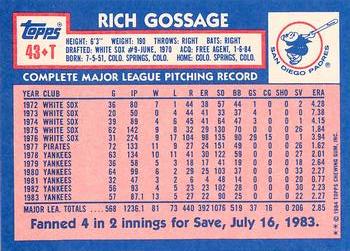 1984 Topps Traded - Limited Edition (Tiffany) #43T Rich Gossage Back