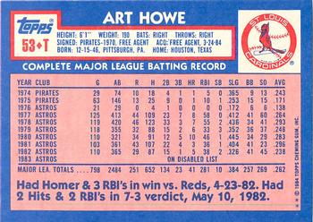 1984 Topps Traded - Limited Edition (Tiffany) #53T Art Howe Back