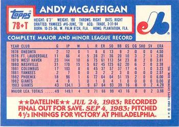 1984 Topps Traded - Limited Edition (Tiffany) #78T Andy McGaffigan Back