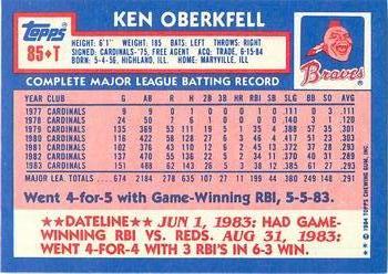 1984 Topps Traded - Limited Edition (Tiffany) #85T Ken Oberkfell Back