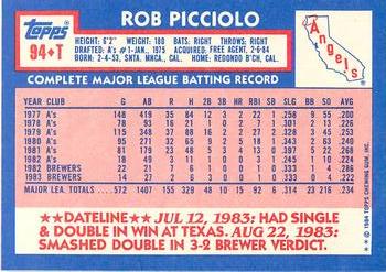 1984 Topps Traded - Limited Edition (Tiffany) #94T Rob Picciolo Back