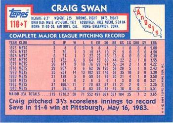 1984 Topps Traded - Limited Edition (Tiffany) #116T Craig Swan Back