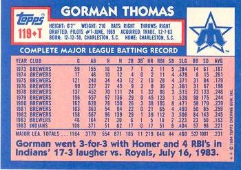 1984 Topps Traded - Limited Edition (Tiffany) #119T Gorman Thomas Back