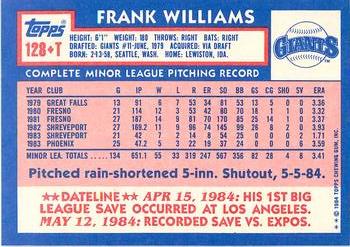 1984 Topps Traded - Limited Edition (Tiffany) #128T Frank Williams Back