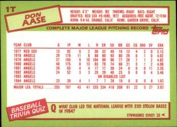 1985 Topps Traded - Limited Edition (Tiffany) #1T Don Aase Back