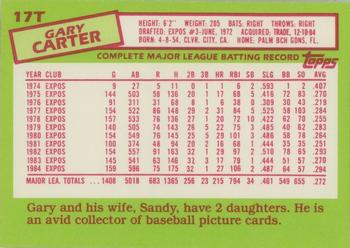 1985 Topps Traded - Limited Edition (Tiffany) #17T Gary Carter Back