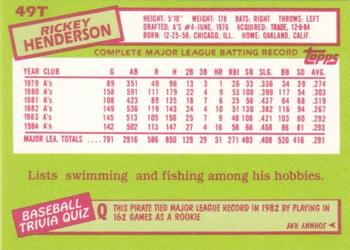 1985 Topps Traded - Limited Edition (Tiffany) #49T Rickey Henderson Back