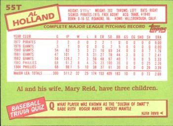 1985 Topps Traded - Limited Edition (Tiffany) #55T Al Holland Back