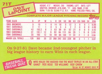 1985 Topps Traded - Limited Edition (Tiffany) #71T Dave LaPoint Back