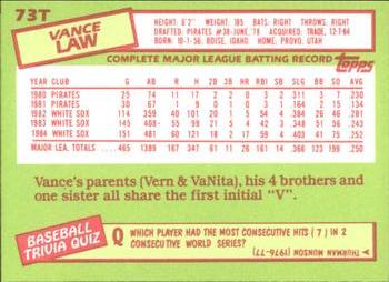 1985 Topps Traded - Limited Edition (Tiffany) #73T Vance Law Back