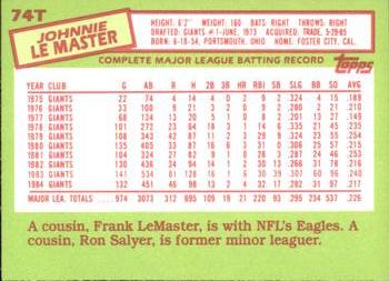 1985 Topps Traded - Limited Edition (Tiffany) #74T Johnnie LeMaster Back