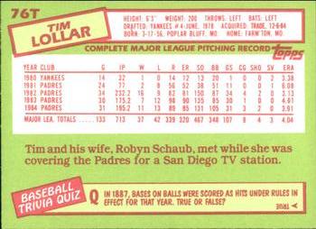 1985 Topps Traded - Limited Edition (Tiffany) #76T Tim Lollar Back