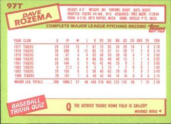 1985 Topps Traded - Limited Edition (Tiffany) #97T Dave Rozema Back