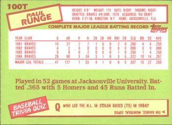 1985 Topps Traded - Limited Edition (Tiffany) #100T Paul Runge Back