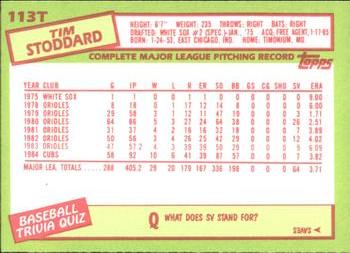 1985 Topps Traded - Limited Edition (Tiffany) #113T Tim Stoddard Back