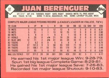 1986 Topps Traded - Limited Edition (Tiffany) #9T Juan Berenguer Back