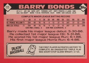 1986 Topps Traded - Limited Edition (Tiffany) #11T Barry Bonds Back