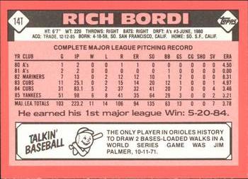 1986 Topps Traded - Limited Edition (Tiffany) #14T Rich Bordi Back