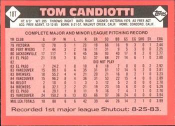 1986 Topps Traded - Limited Edition (Tiffany) #18T Tom Candiotti Back
