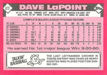 1986 Topps Traded - Limited Edition (Tiffany) #61T Dave LaPoint Back