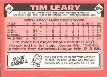 1986 Topps Traded - Limited Edition (Tiffany) #64T Tim Leary Back